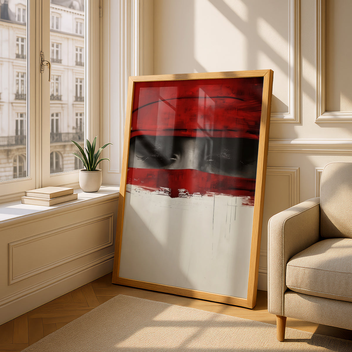 Red Abstract Eyes Poster, Dramatic Portrait Wall Art Print, Modern Black Red Cream Bedroom Decor — styling mockup 4