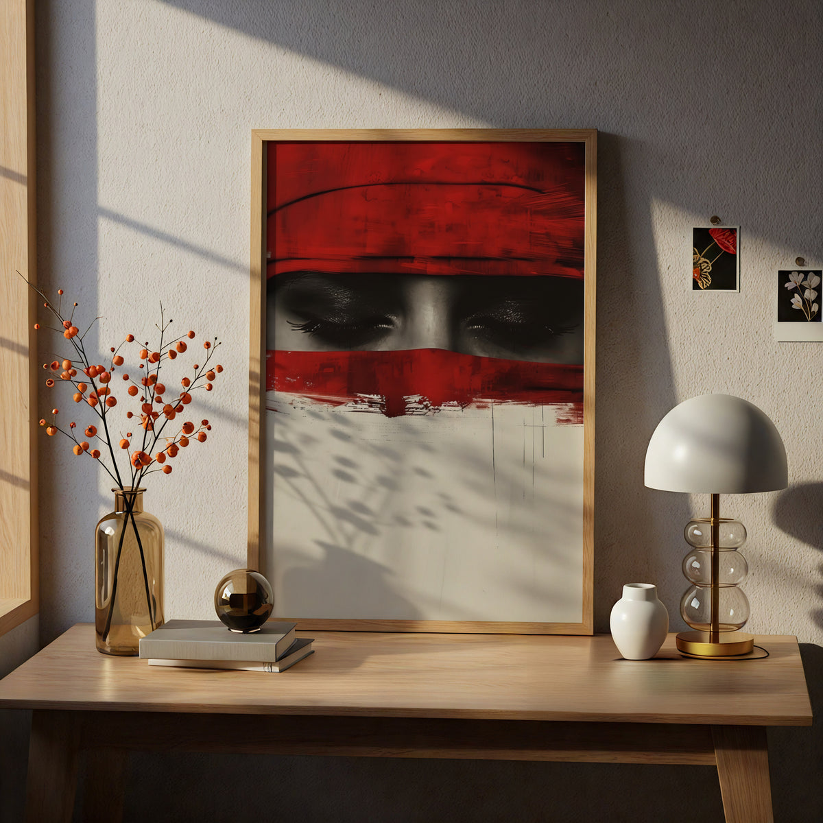 Red Abstract Eyes Poster, Dramatic Portrait Wall Art Print, Modern Black Red Cream Bedroom Decor — styling mockup 5