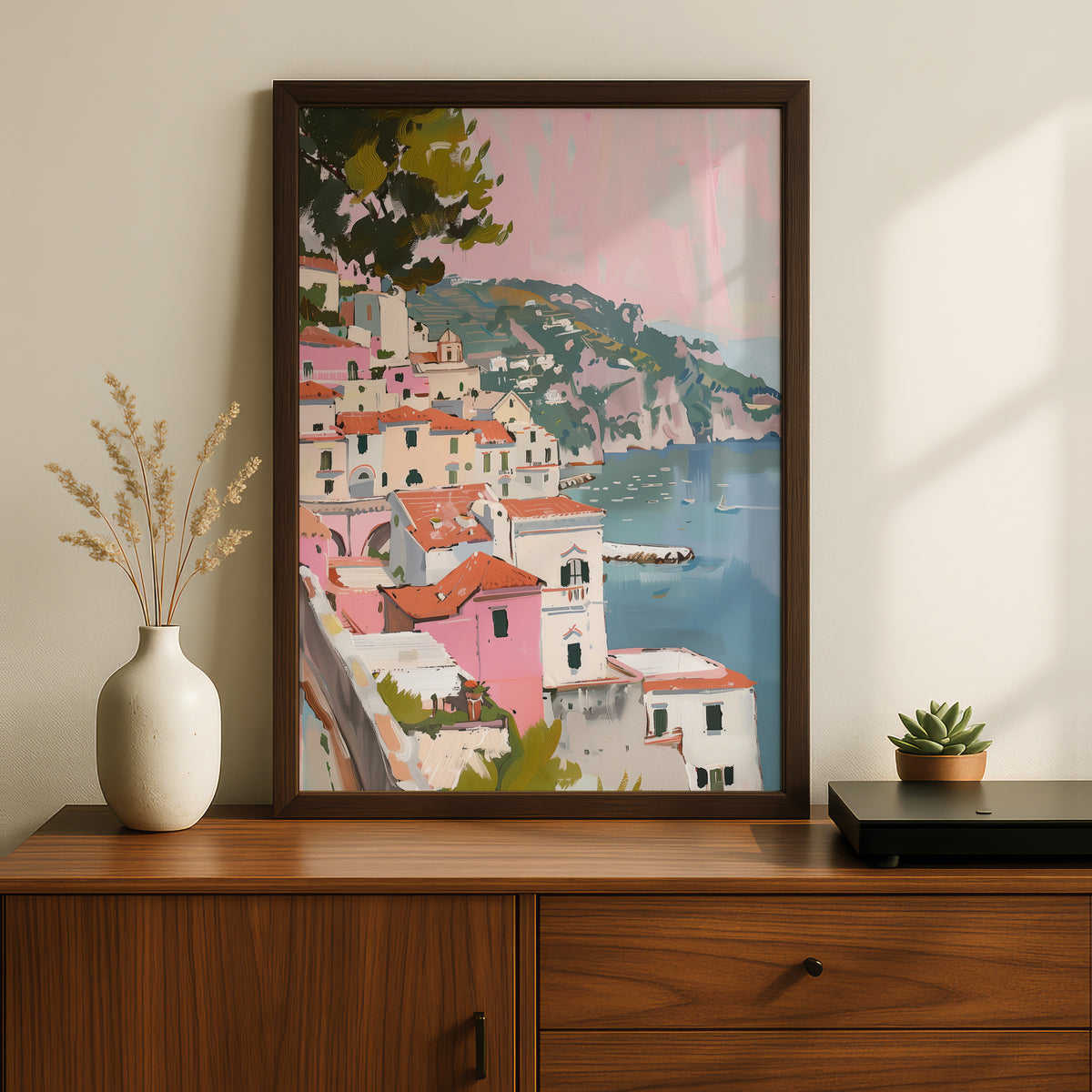 Amalfi Coast Poster, Pink Coastal Village Wall Art, Mediterranean Seaside Painting Print — styling mockup 2