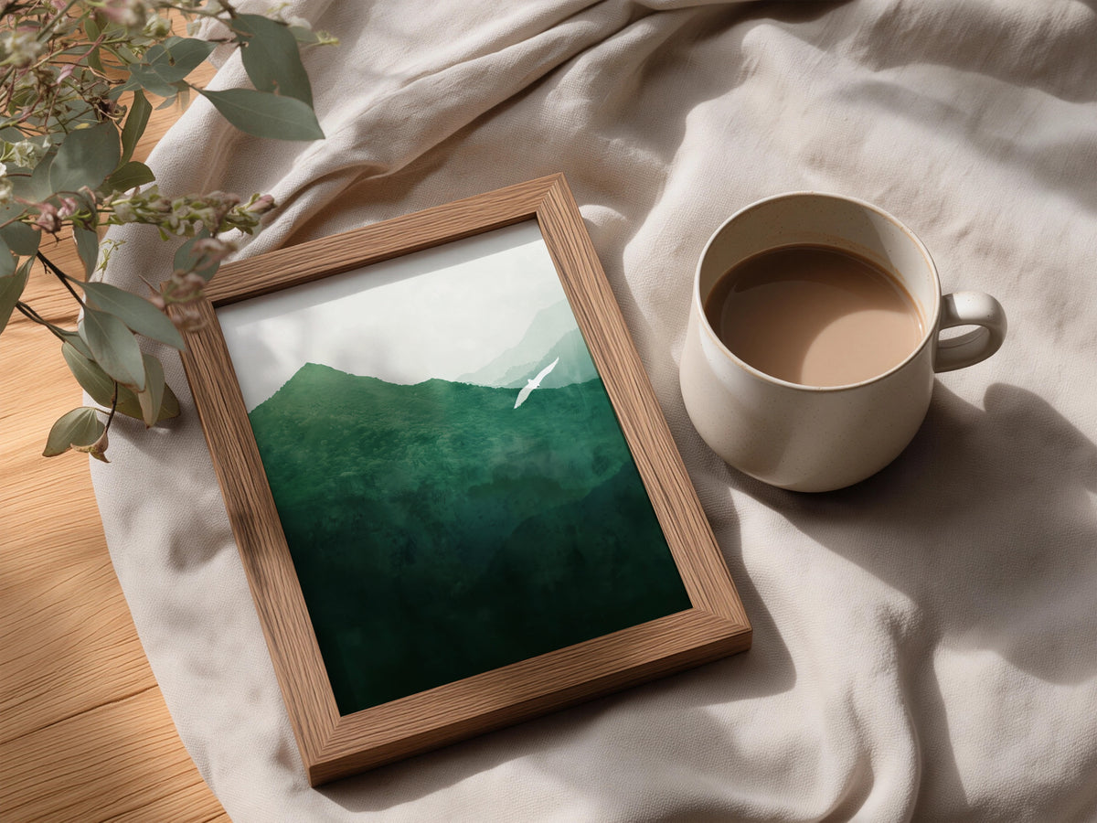 Misty Green Mountain Poster, Wall Art Print, White Bird Landscape, Forest Valley, Living Room — styling mockup 3