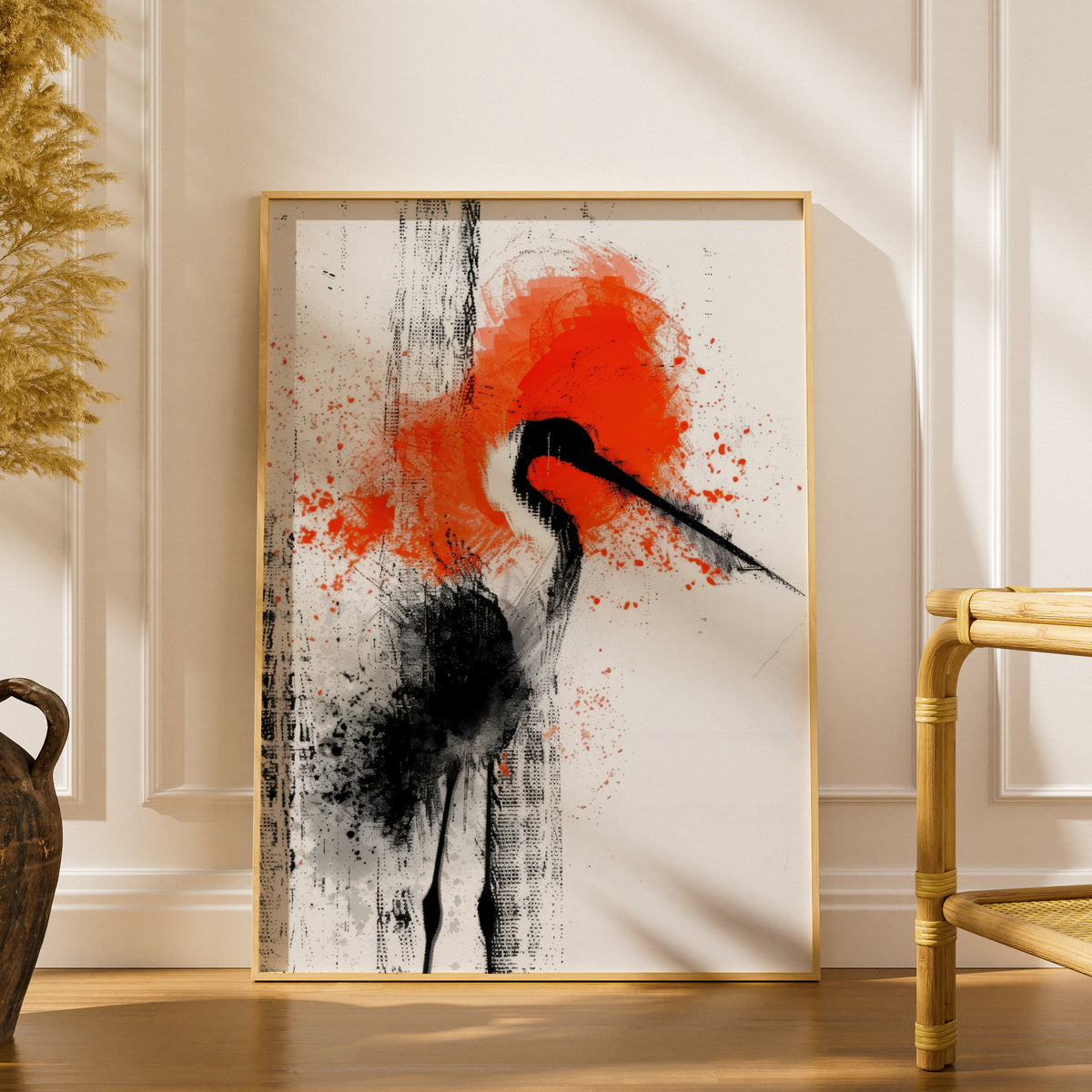 Abstract Crane Bird Poster, Black and Orange Ink Wall Art, Japanese Style Art Print for Living Room — styling mockup 1