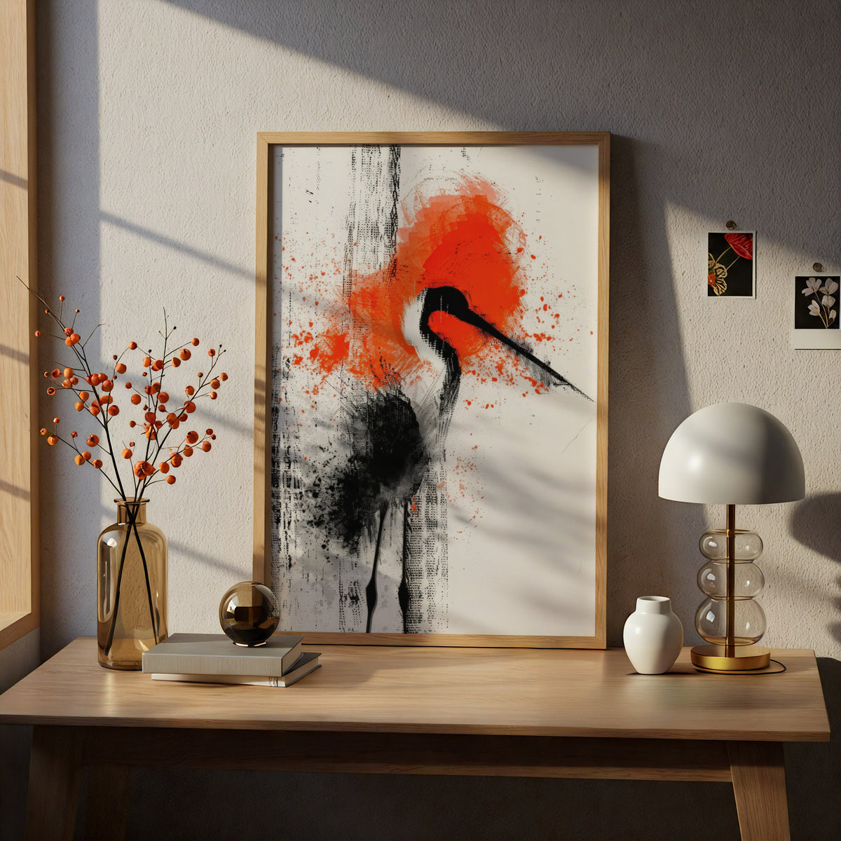 Abstract Crane Bird Poster, Black and Orange Ink Wall Art, Japanese Style Art Print for Living Room — styling mockup 5