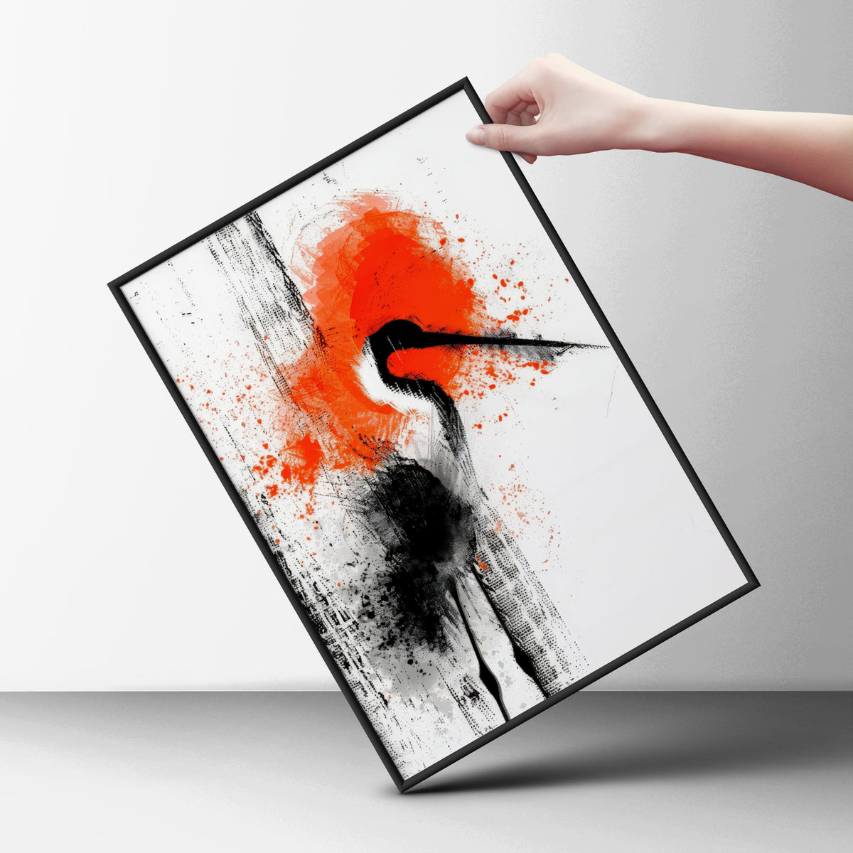 Abstract Crane Bird Poster, Black and Orange Ink Wall Art, Japanese Style Art Print for Living Room — styling mockup 6