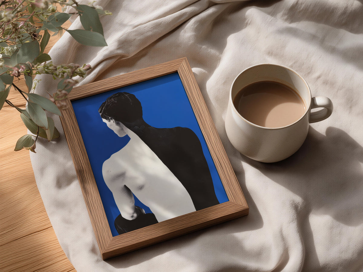 Male Back Figure Poster, Cobalt Blue Wall Art Print, Black and White Contemporary Portrait — styling mockup 3