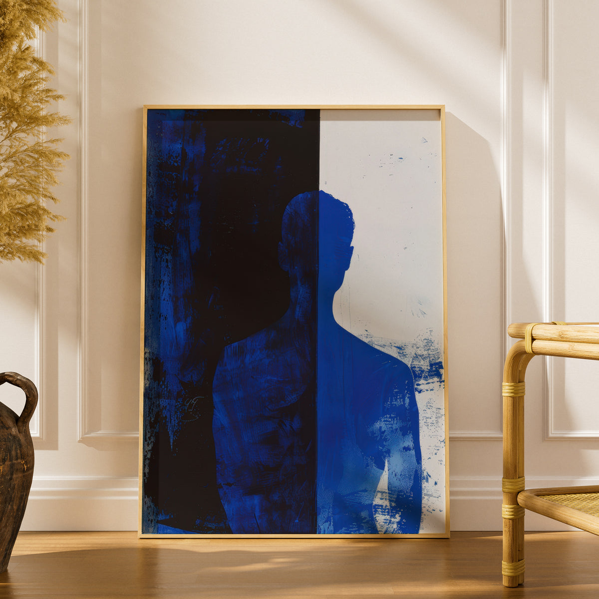 Abstract Blue Silhouette Poster, Cobalt Blue and Black Wall Art, Modern Figure Art Print — styling mockup 1