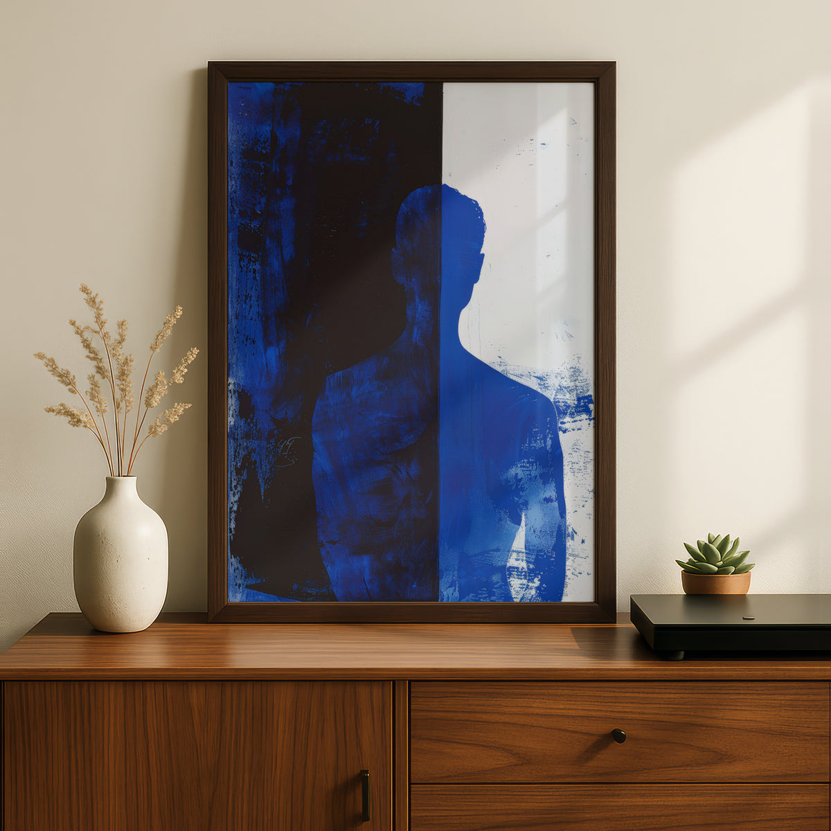 Abstract Blue Silhouette Poster, Cobalt Blue and Black Wall Art, Modern Figure Art Print — styling mockup 2