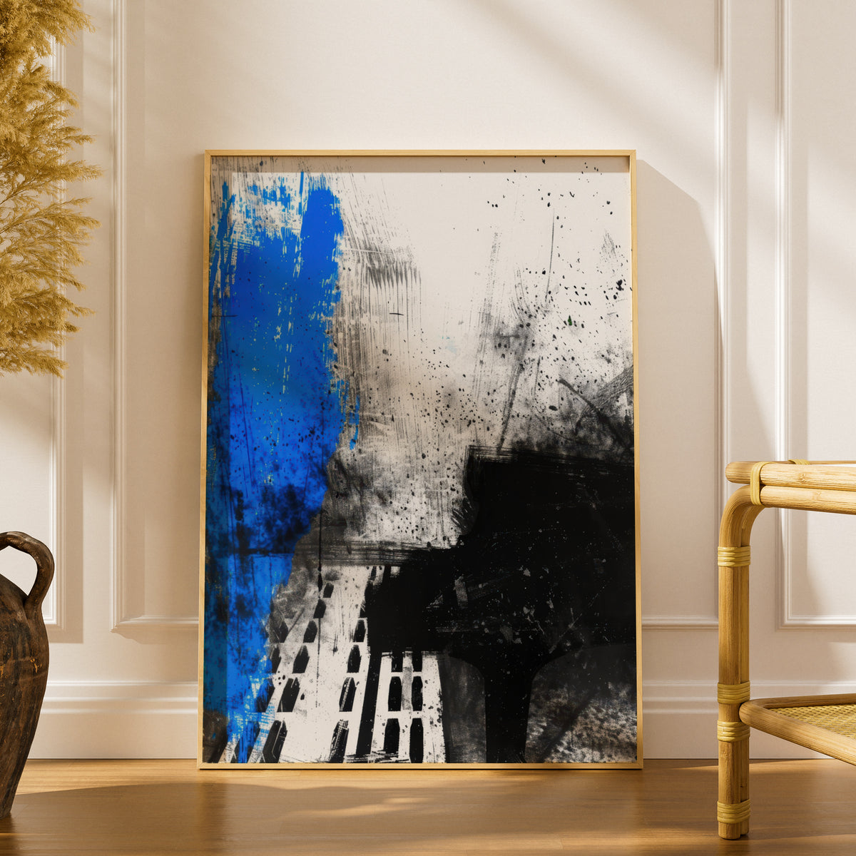 Abstract Black and Blue Wall Art, Modern Grunge Poster, Expressive Ink Splatter Art Print — styling mockup 1