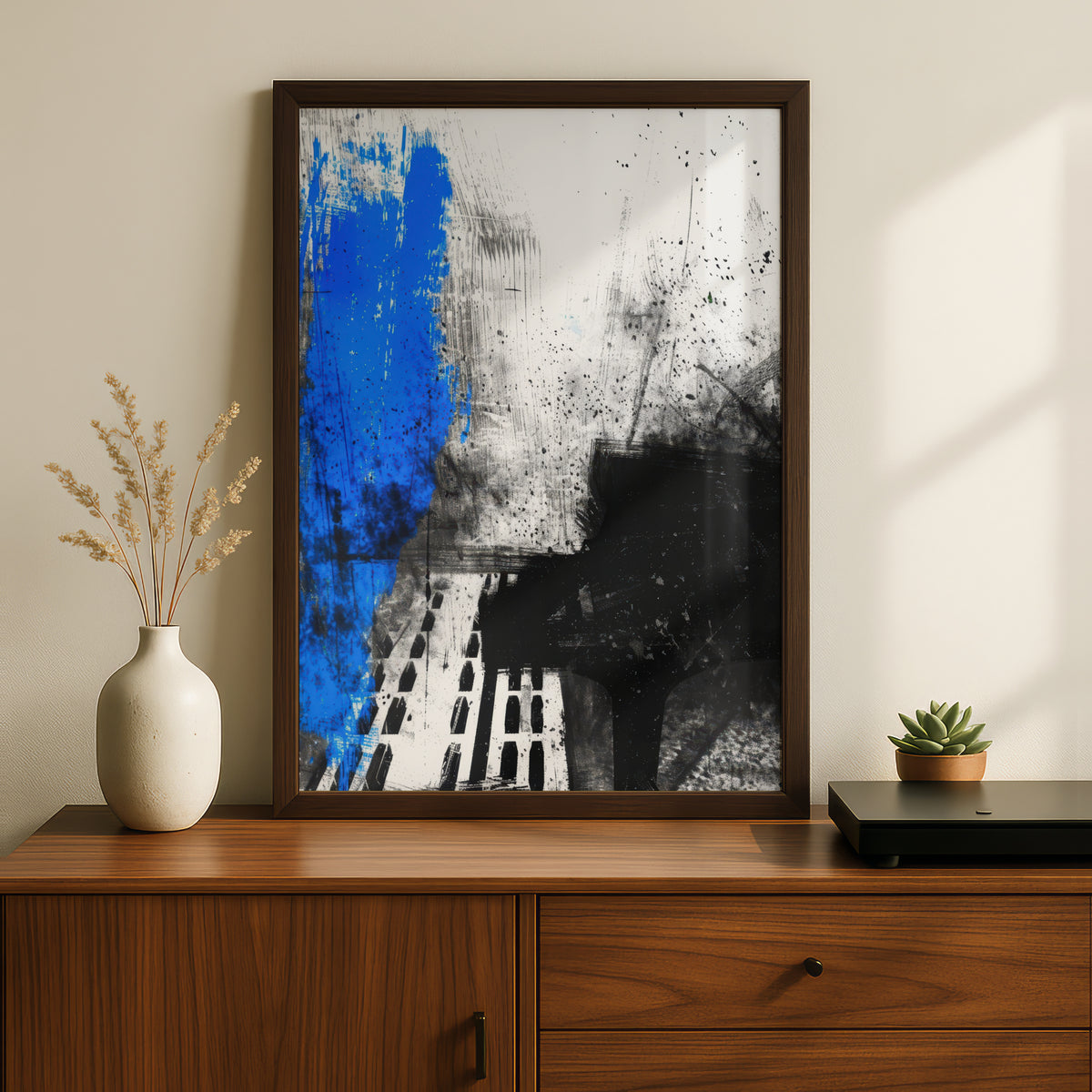 Abstract Black and Blue Wall Art, Modern Grunge Poster, Expressive Ink Splatter Art Print — styling mockup 2