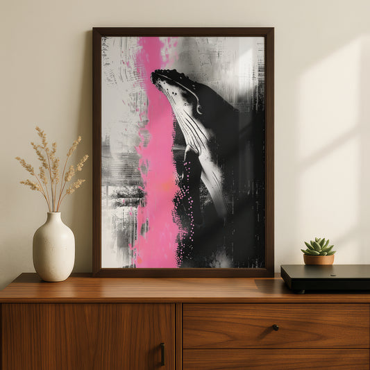 Humpback Whale Poster, Black White & Pink Abstract Wall Art, Modern Ocean Animal Art Print — styling mockup 2