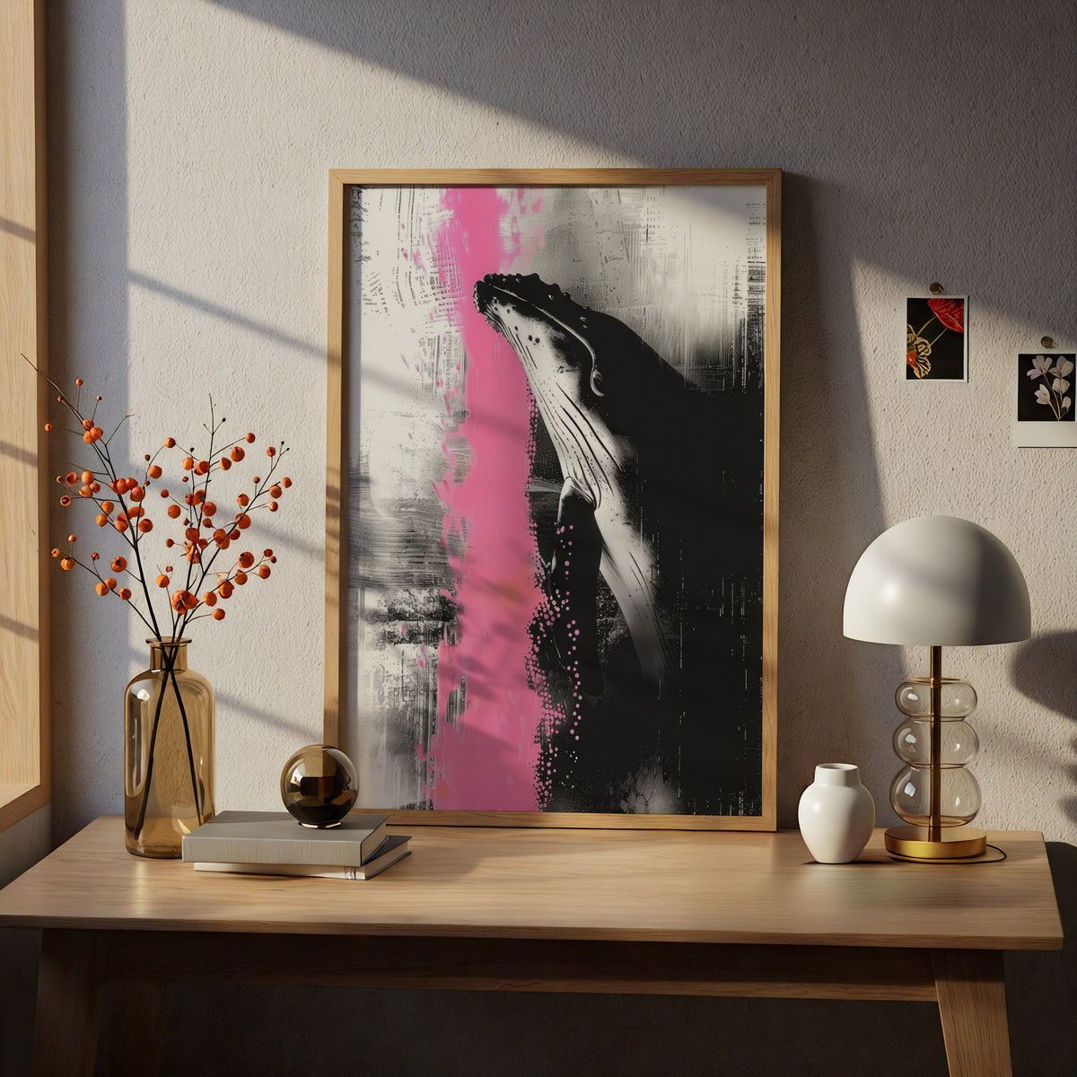 Humpback Whale Poster, Black White & Pink Abstract Wall Art, Modern Ocean Animal Art Print — styling mockup 5