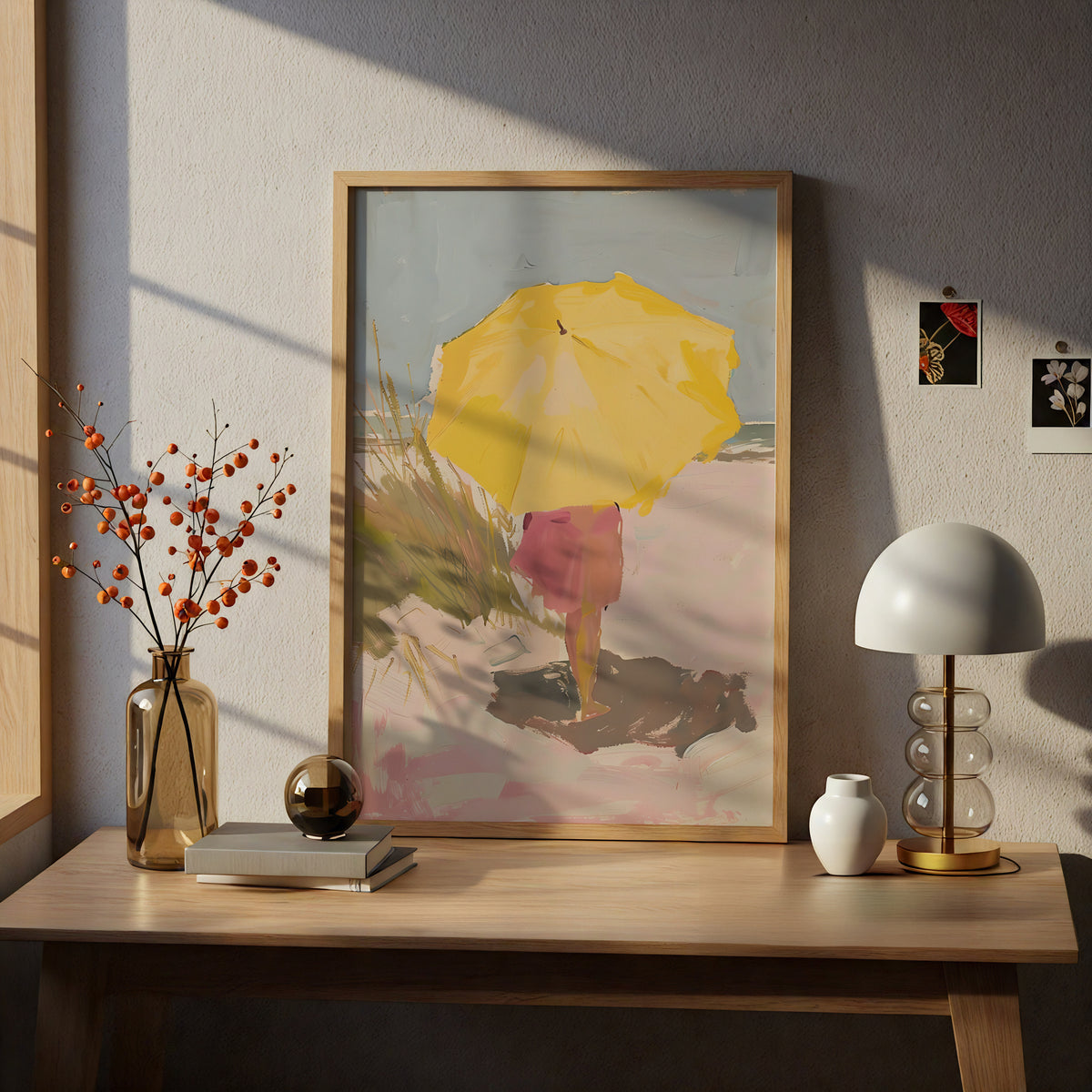 Yellow Umbrella Beach Poster, Coastal Wall Art, Pastel Oil Painting Print, Seaside Living Room Decor — styling mockup 5