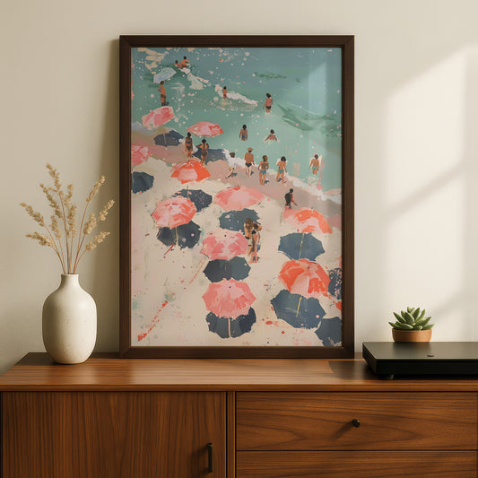 Beach Umbrellas Poster, Coastal Wall Art, Pink Summer Seaside Art Print, Painterly Beach Scene — styling mockup 2