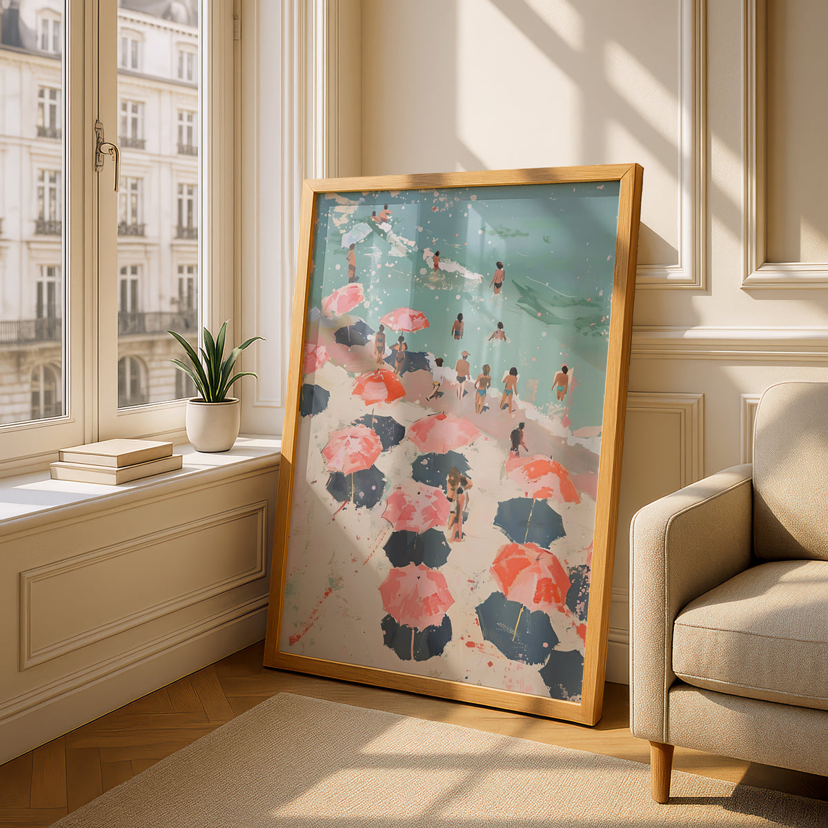 Beach Umbrellas Poster, Coastal Wall Art, Pink Summer Seaside Art Print, Painterly Beach Scene — styling mockup 4
