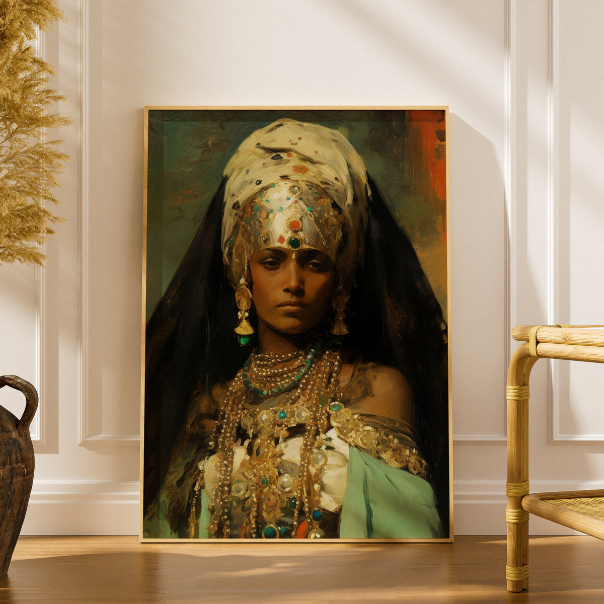 Vintage Jewelled Woman Oil Painting Poster, Ornate Portrait Wall Art, Emerald Gold Art Print — styling mockup 1