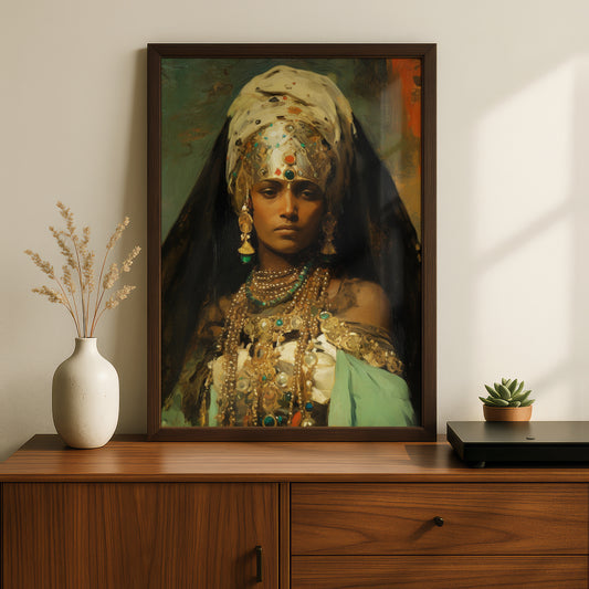 Vintage Jewelled Woman Oil Painting Poster, Ornate Portrait Wall Art, Emerald Gold Art Print — styling mockup 2