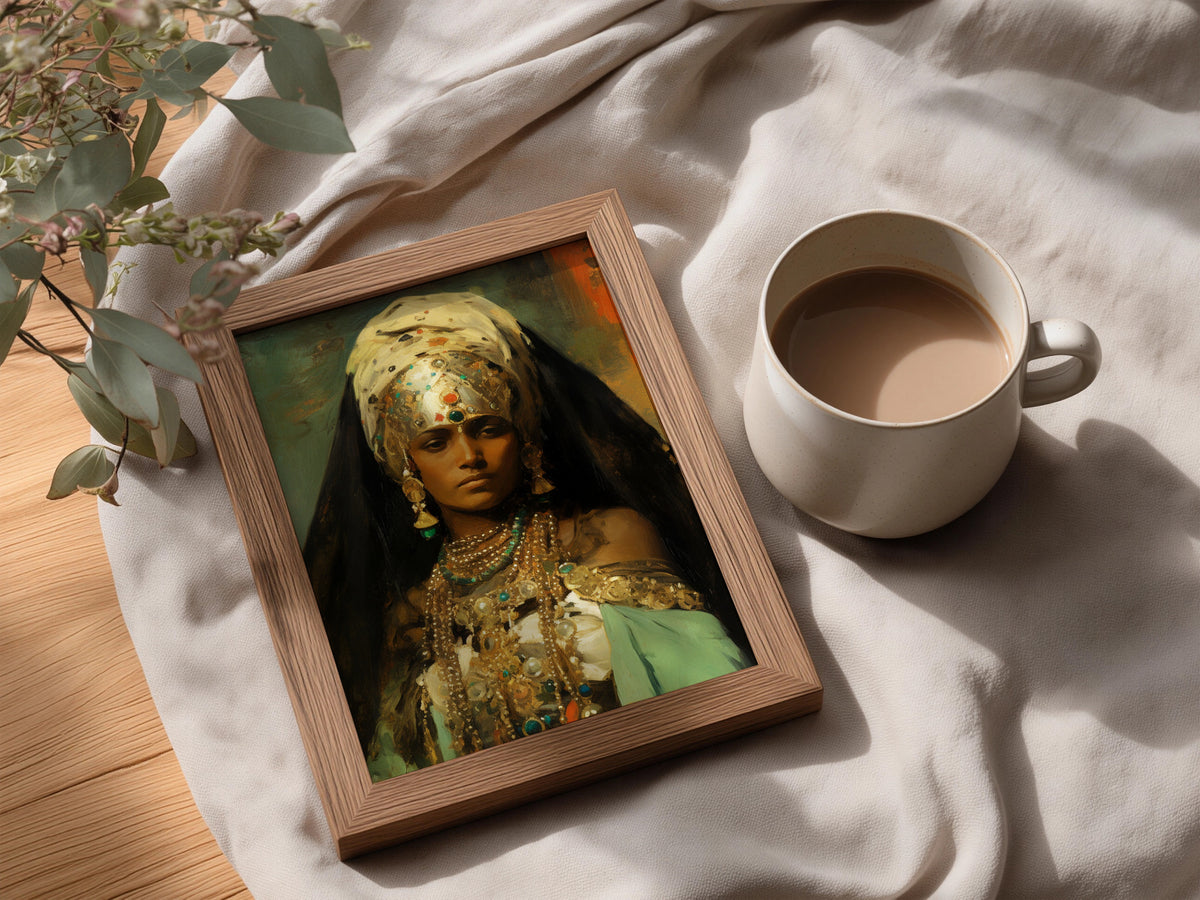 Vintage Jewelled Woman Oil Painting Poster, Ornate Portrait Wall Art, Emerald Gold Art Print — styling mockup 3