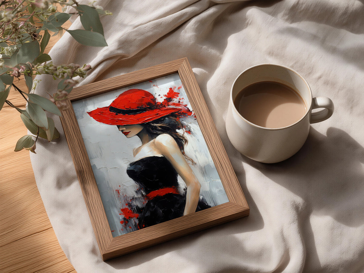 Woman in Red Hat Wall Art, Fashion Poster, Palette Knife Style Art Print, Bedroom Living Room — styling mockup 3