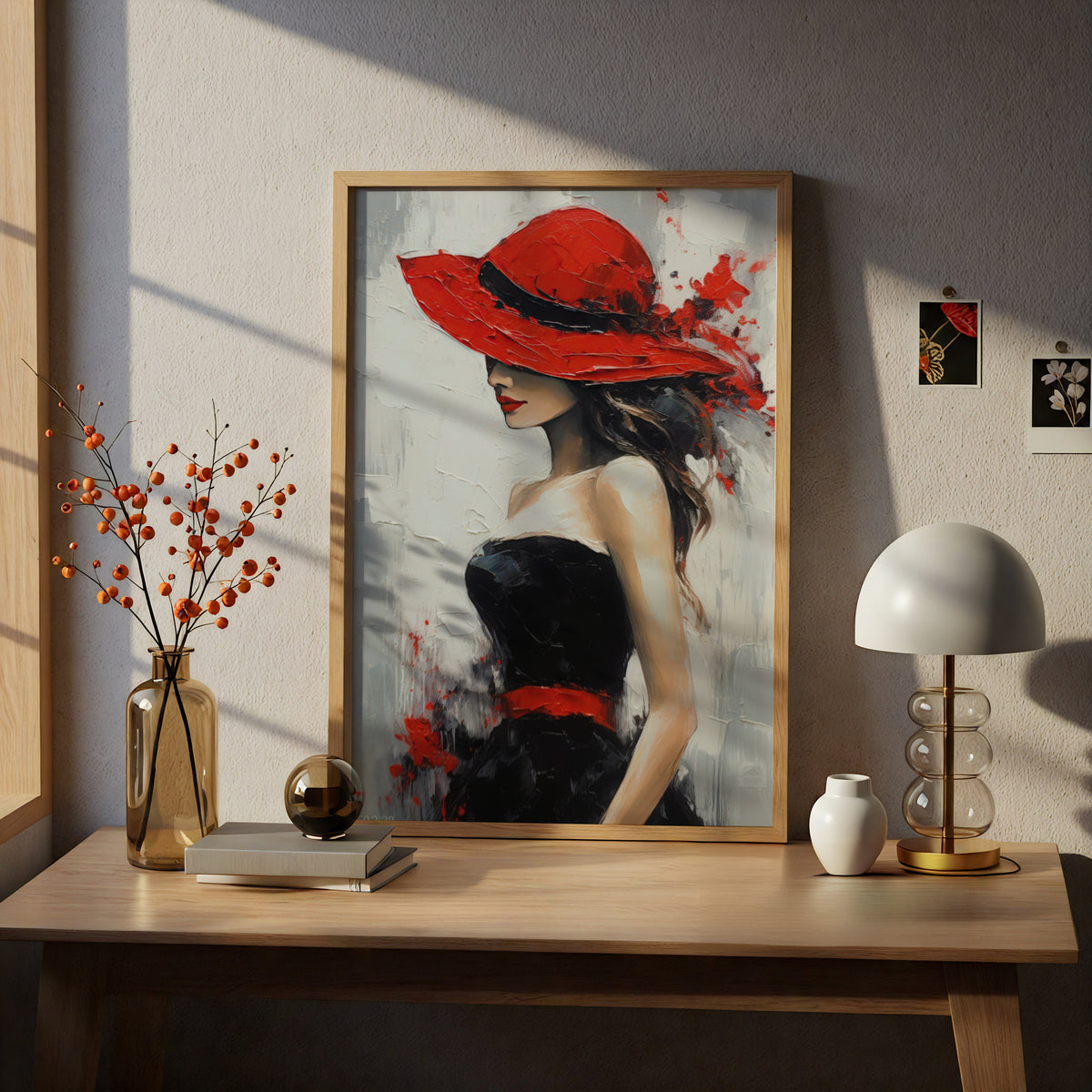 Woman in Red Hat Wall Art, Fashion Poster, Palette Knife Style Art Print, Bedroom Living Room — styling mockup 5