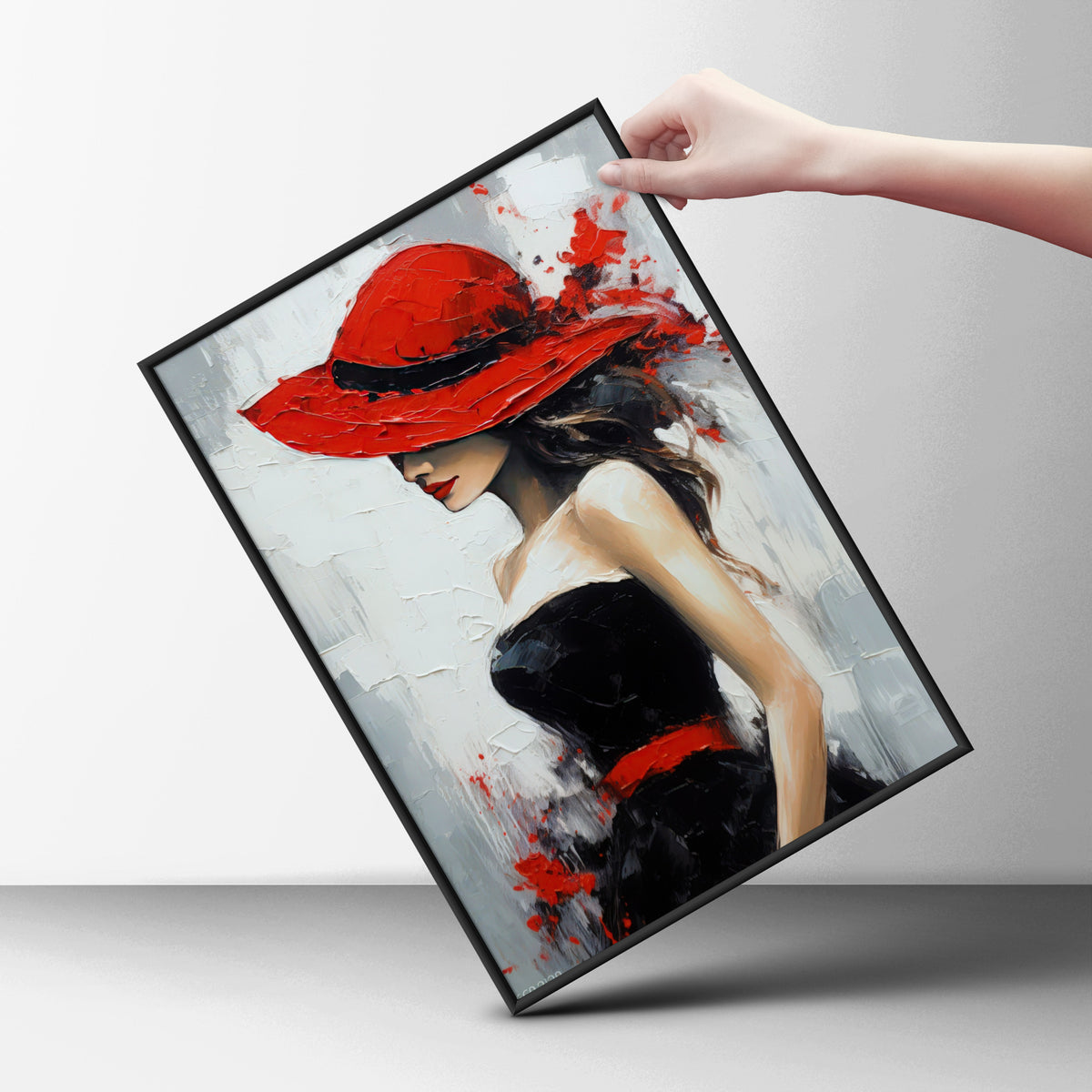 Woman in Red Hat Wall Art, Fashion Poster, Palette Knife Style Art Print, Bedroom Living Room — styling mockup 6