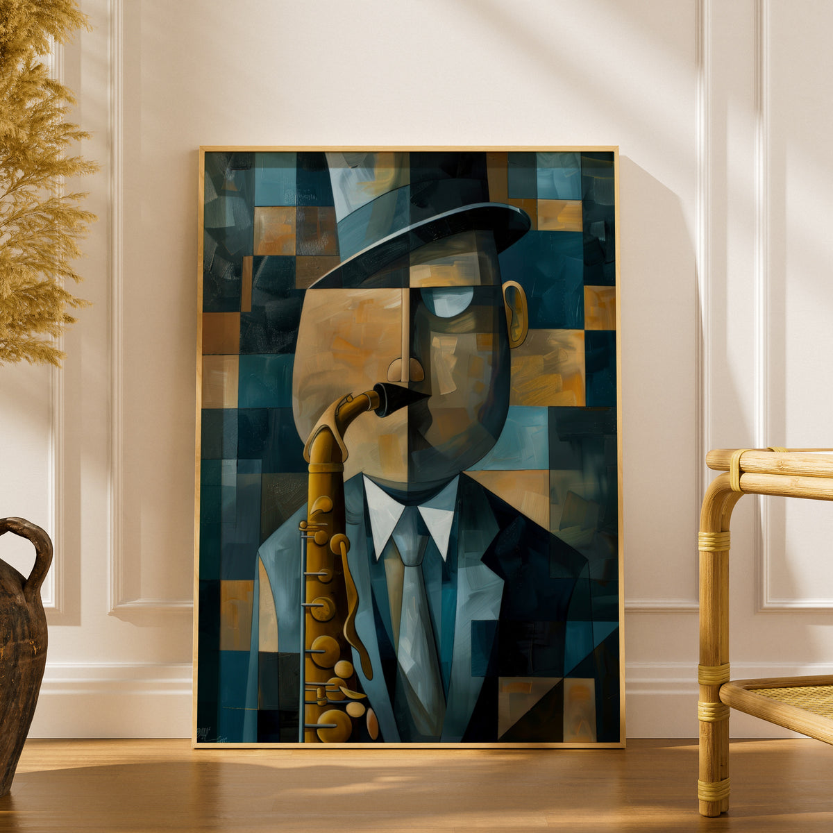 Cubist Saxophone Player Poster, Blue Gold Jazz Wall Art, Abstract Musician Art Print, Living Room — styling mockup 1