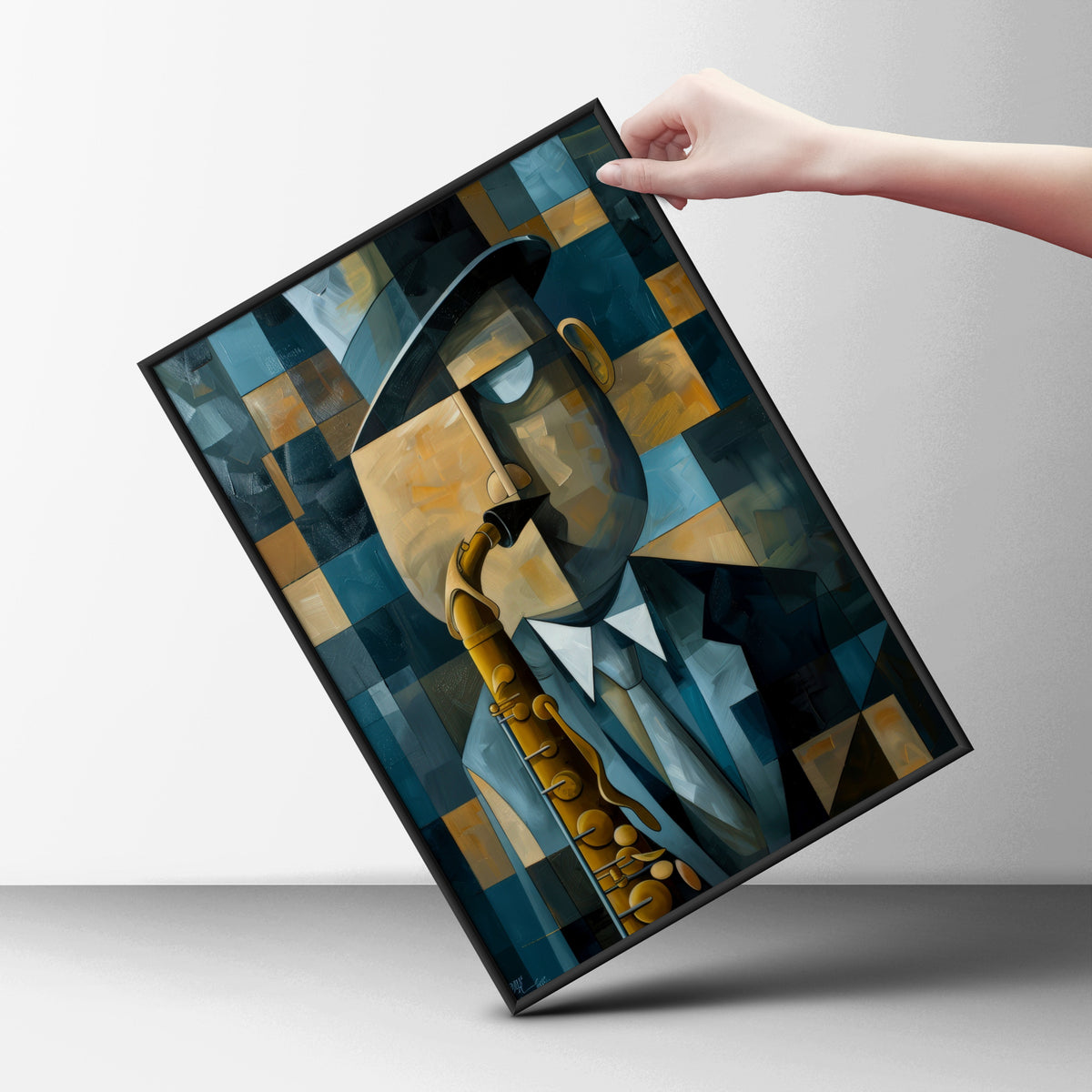 Cubist Saxophone Player Poster, Blue Gold Jazz Wall Art, Abstract Musician Art Print, Living Room — styling mockup 6