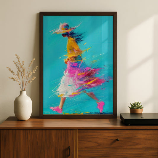 Woman Walking Abstract Painting Poster, Turquoise Pink Yellow Wall Art, Colourful Expressive Art — styling mockup 2