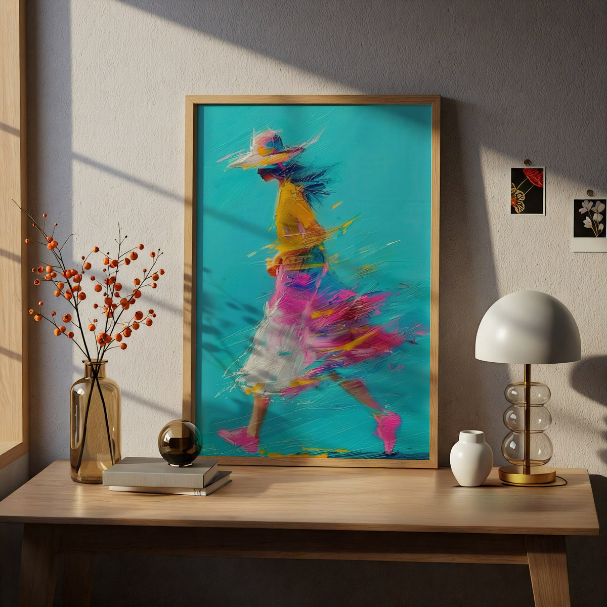 Woman Walking Abstract Painting Poster, Turquoise Pink Yellow Wall Art, Colourful Expressive Art — styling mockup 5