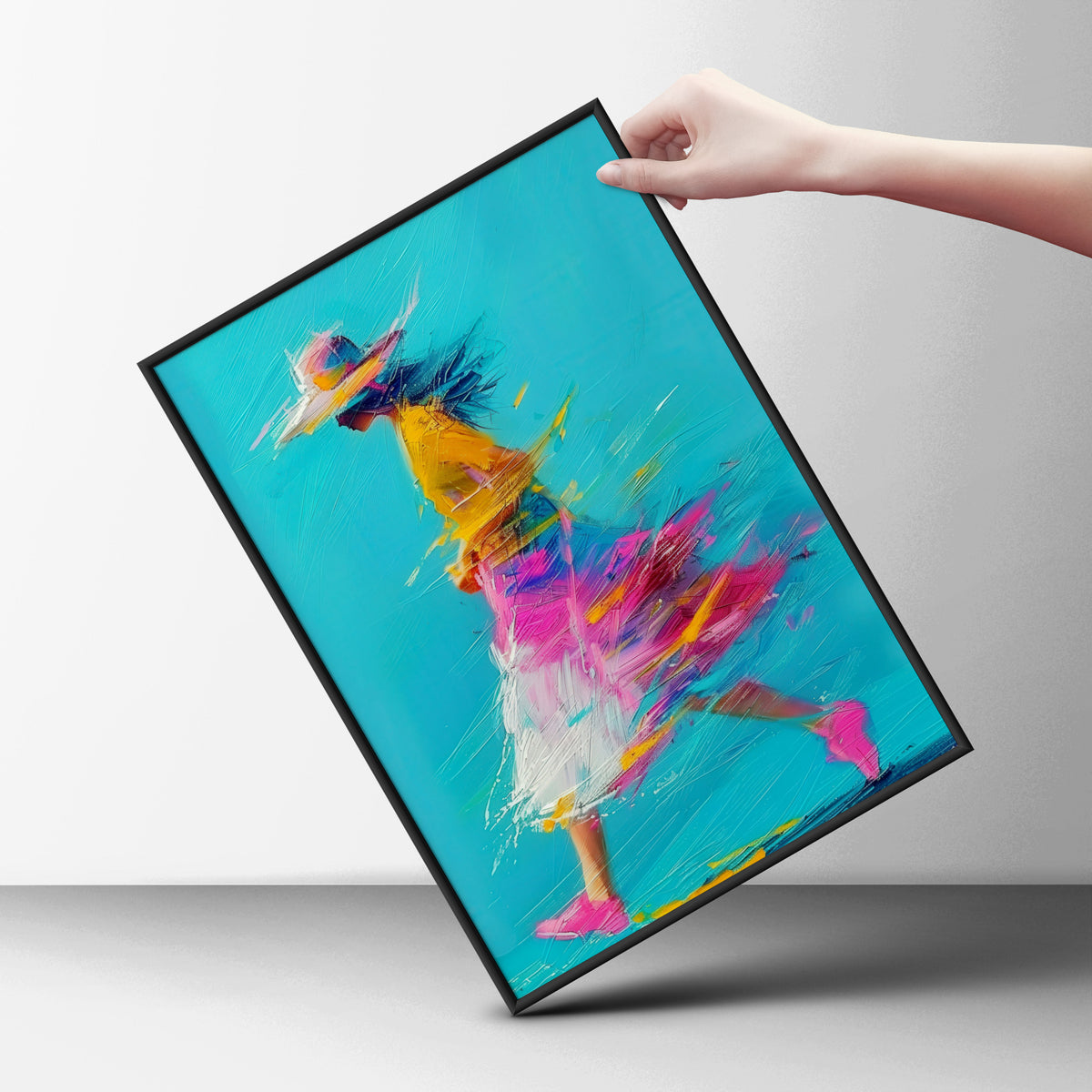 Woman Walking Abstract Painting Poster, Turquoise Pink Yellow Wall Art, Colourful Expressive Art — styling mockup 6