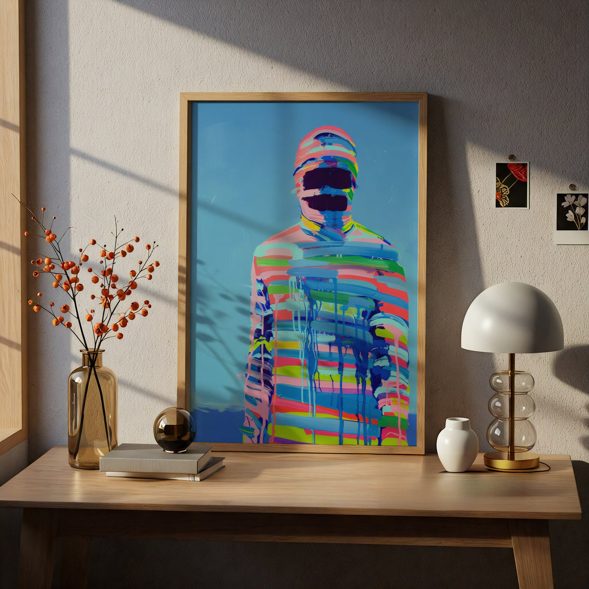 Abstract Figure Poster, Colourful Striped Painting Wall Art, Modern Pop Art Print, Blue Gallery Wall — styling mockup 5
