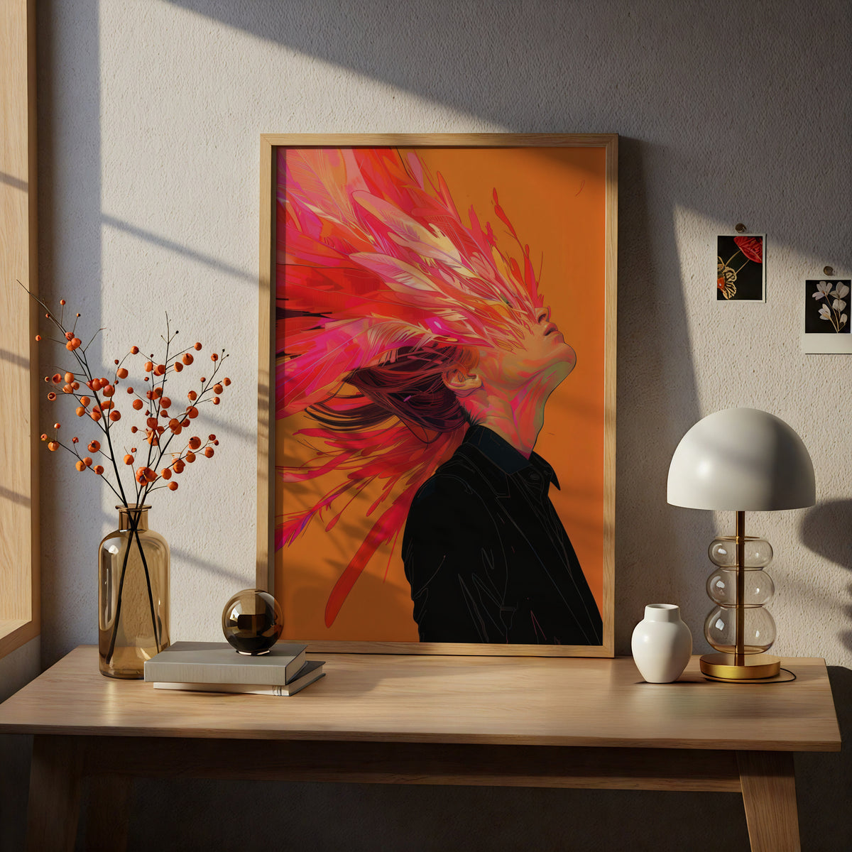 Abstract Portrait Poster, Pink Feather Hair Wall Art, Orange Colourful Art Print for Bedroom — styling mockup 5