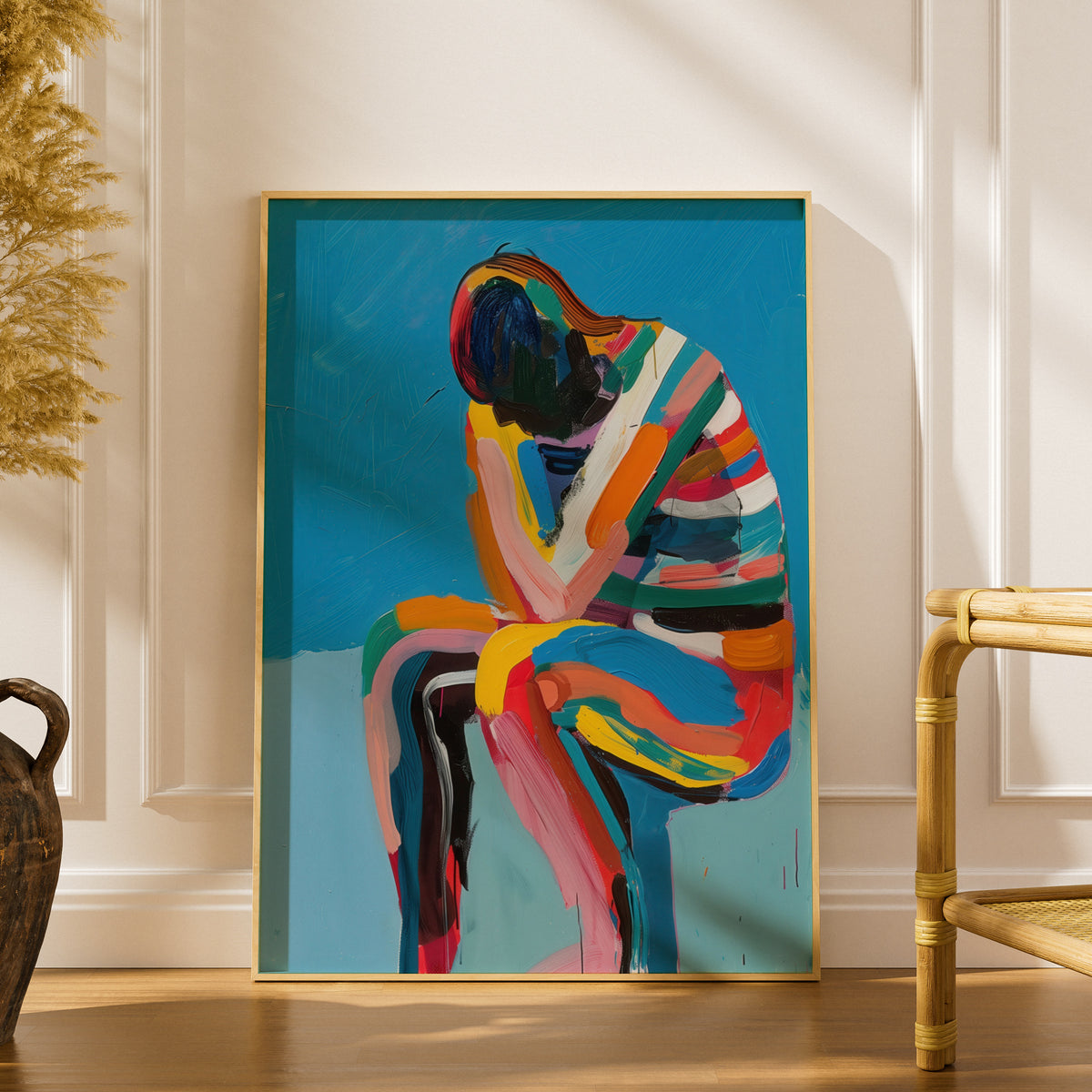 Abstract Seated Figure Poster, Colourful Expressionist Wall Art, Bold Blue Painting Art Print — styling mockup 1