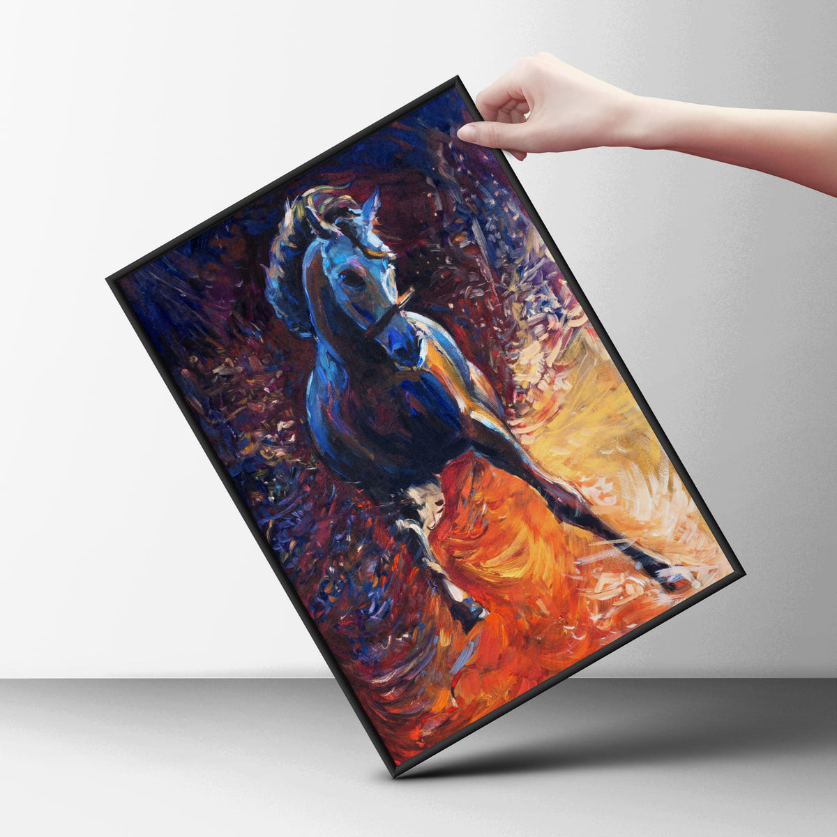 Galloping Blue Horse Oil Painting Print, Expressive Equestrian Poster, Bold Orange Wall Art for — styling mockup 6