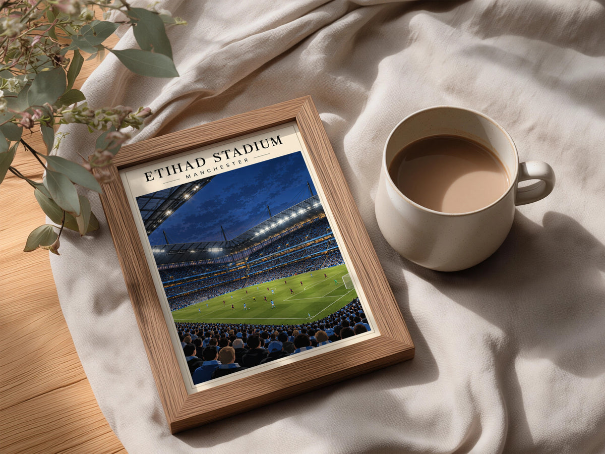 Etihad Stadium Manchester Football Poster — framed room mockup 3