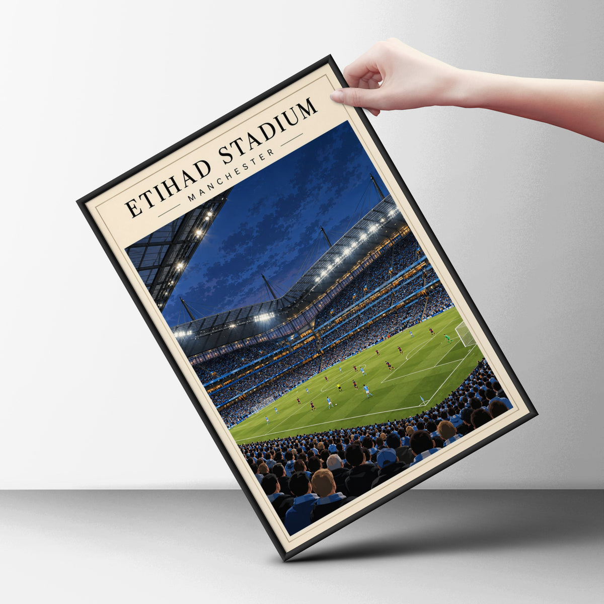 Etihad Stadium Manchester Football Poster — framed room mockup 6