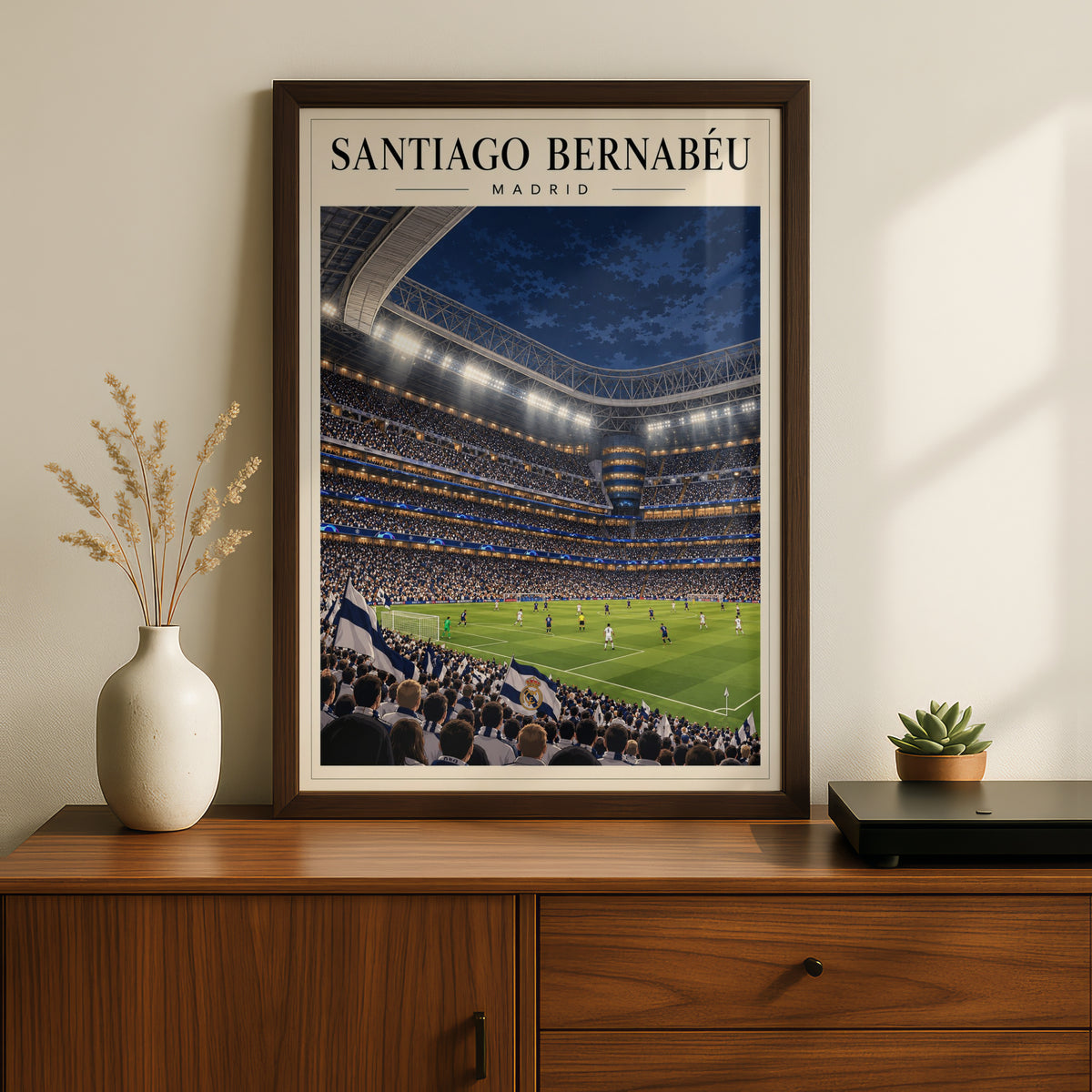 Santiago Bernabeu Madrid Stadium Poster — framed room mockup 2