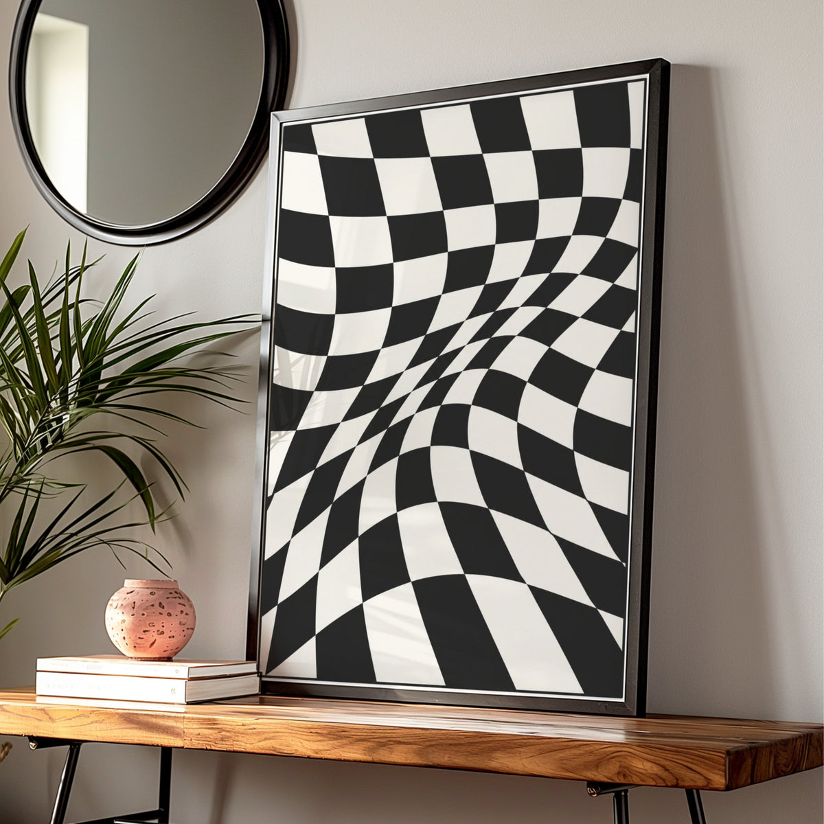 Warped Checkerboard Abstract Print, Monochrome Wall Art, Black and White Poster, Modern Decor