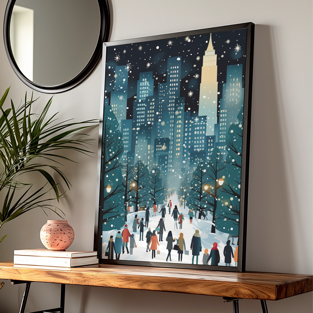 Christmas New York City Poster, Winter Snowy NYC Skyline Art, Festive Holiday Wall Decor Print — Digital Download
