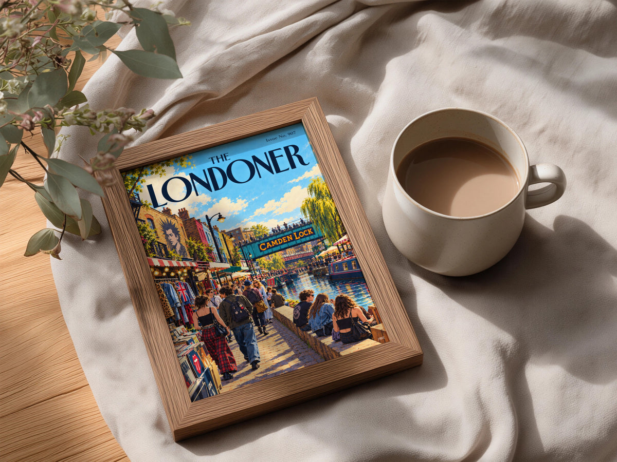 The Londoner Camden Lock Poster, London Wall Art, Canal Market Illustration, Retro Magazine Cover