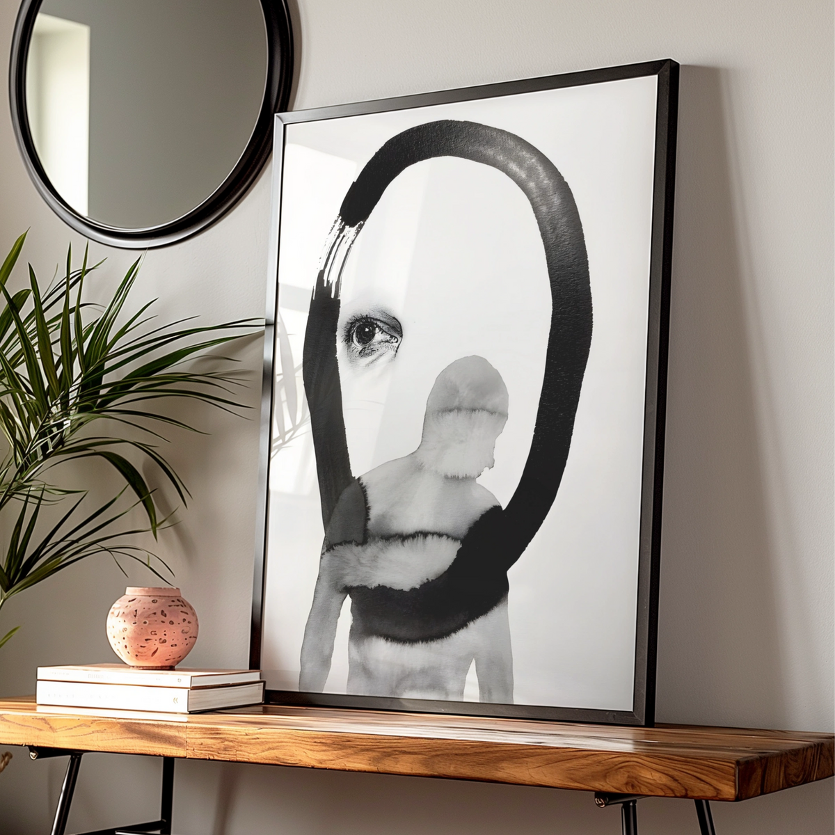 Abstract Figure Eye Print, Monochrome Wall Art, Black and White Surreal Poster, Modern Decor