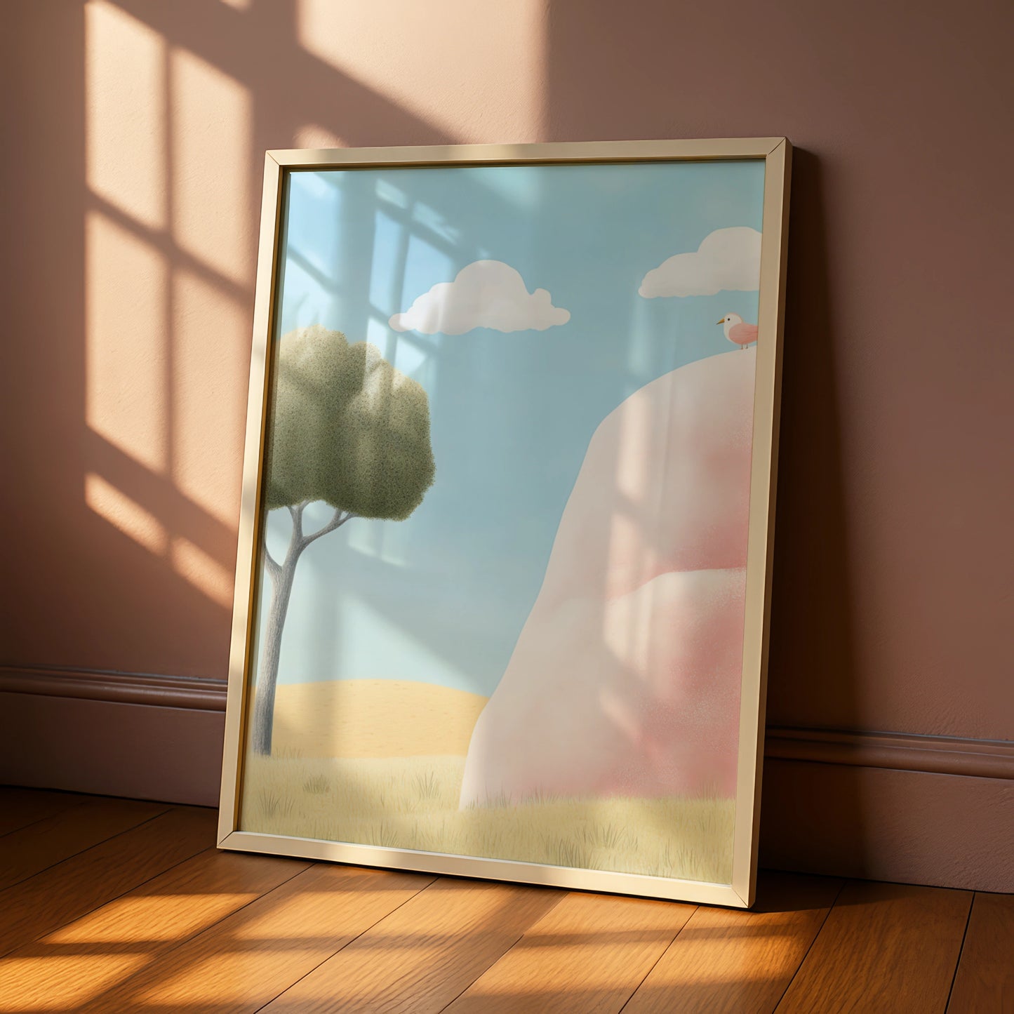 Nursery Wall Art Pink Hill Bird Print, Cute Children's Poster, Pastel Sky Nature