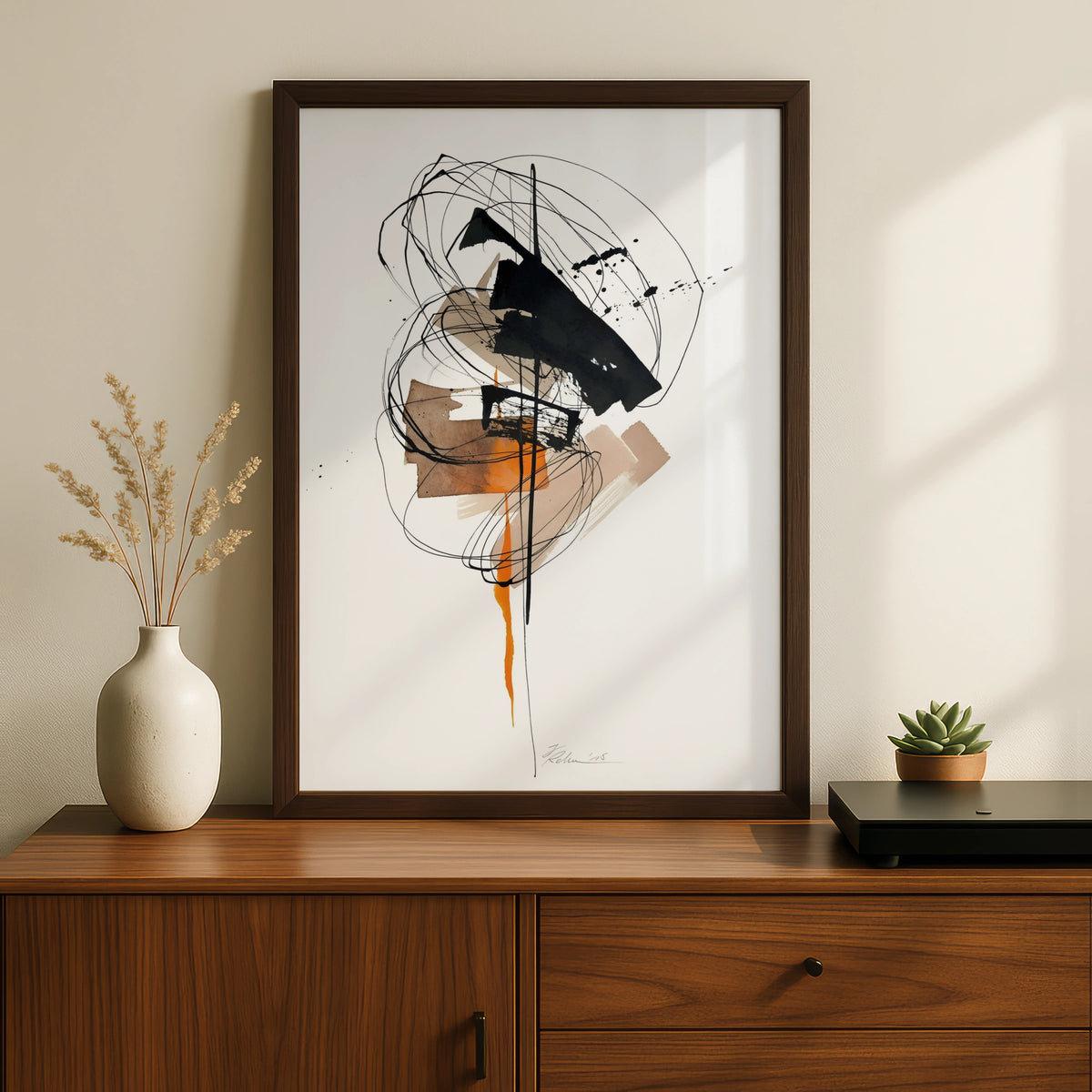 Modern Abstract Wall Art, Black Orange Ink Print, Contemporary Monochrome Poster, Gallery Wall Decor