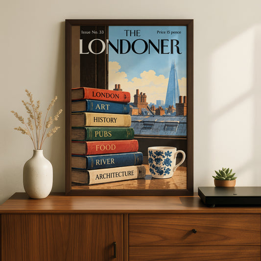 The Londoner Poster, London Skyline Wall Art, Vintage Magazine Cover Art Print, Books and Shard