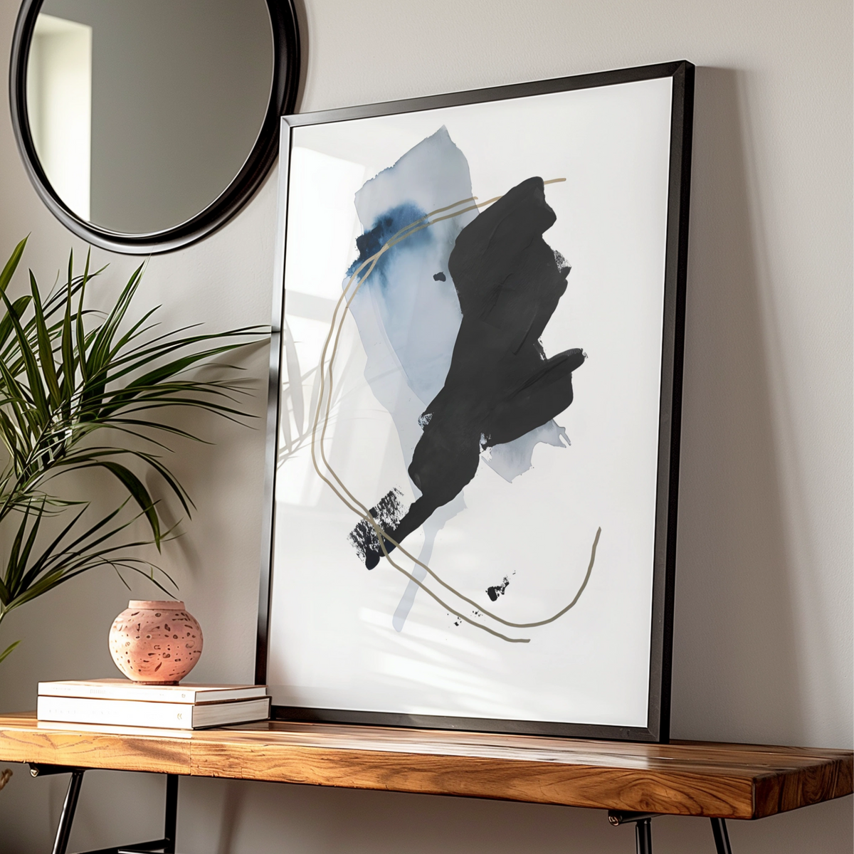 Abstract Monochrome Wall Art, Black Blue Gold Brush Stroke Print, Modern Poster
