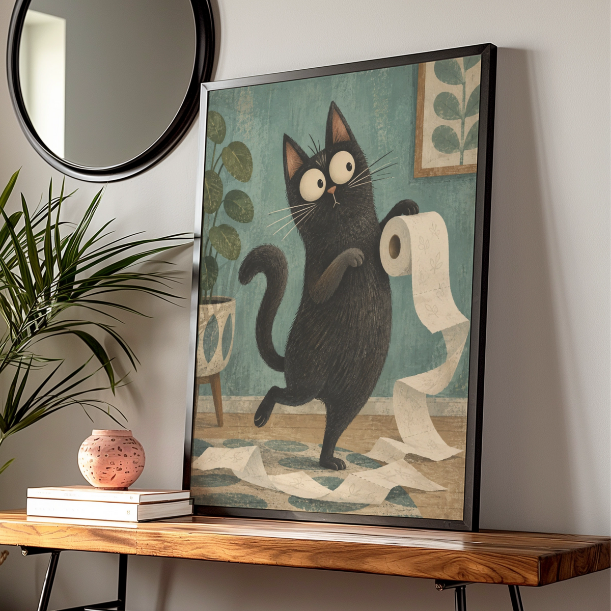 Guilty Black Cat Toilet Roll Cartoon Poster, Funny Cat Wall Art, Quirky Print — Digital Download