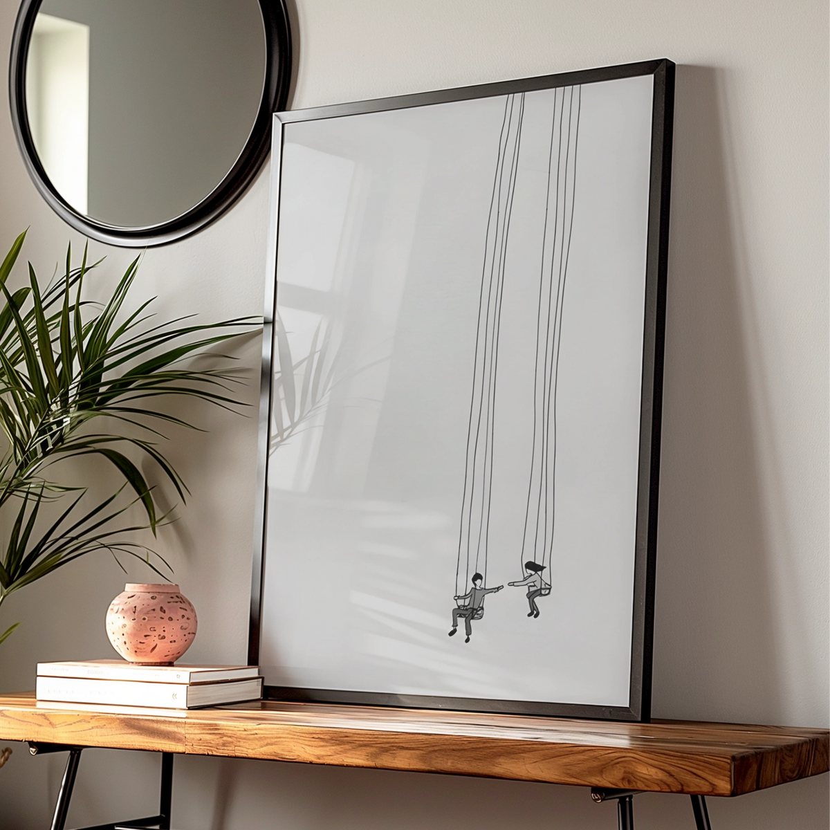 Couple on Swings Monochrome Wall Art, Minimalist Black and White Poster, Modern Neutral Print