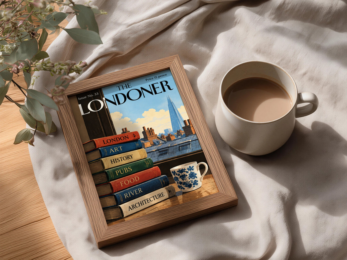 The Londoner Poster, London Skyline Wall Art, Vintage Magazine Cover Art Print, Books and Shard