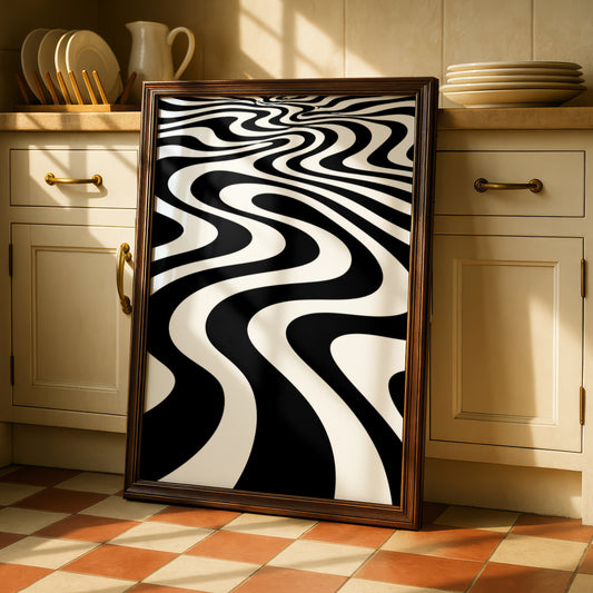 Monochrome Wave Abstract Poster, Black and White Optical Art Print, Modern Wall Decor