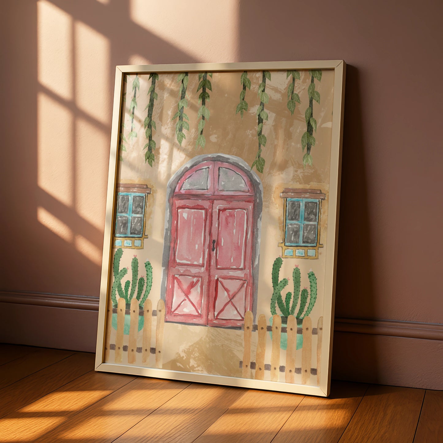 Maximalist Boho Door Poster, Watercolour Cactus Wall Art, Eclectic Terracotta Print, Botanical