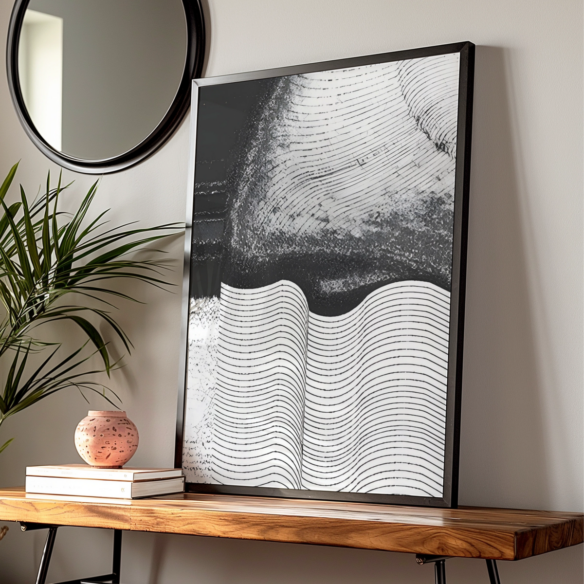 Abstract Wave Lines Monochrome Wall Art, Black and White Minimalist Print, Modern Poster