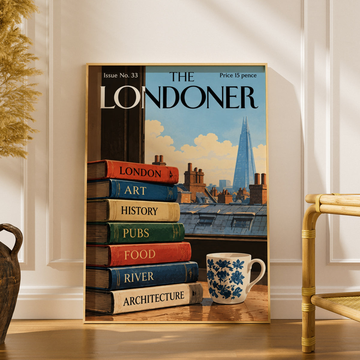 The Londoner Poster, London Skyline Wall Art, Vintage Magazine Cover Art Print, Books and Shard